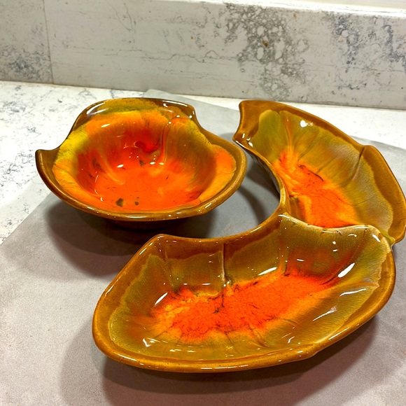 California Pottery MCM Vintage Orange Brown Glaze Chips/Dip Serving Set EUC - Picture 2 of 11
